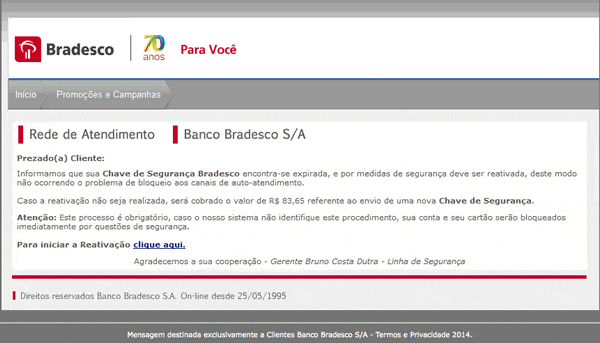 Mensaje falso de Bradesco