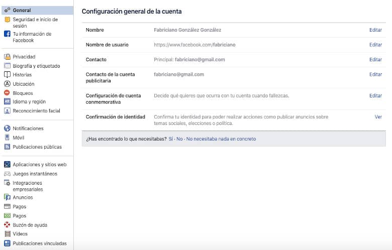 Configuración de cuenta de Facebook