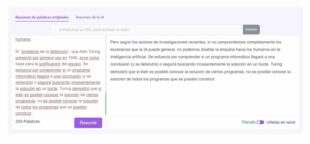 Resumen de palabras originales