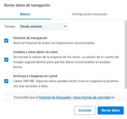 Borrar datos de navegación