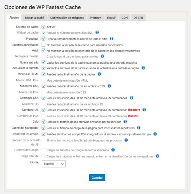 Configuración de WP Fastest Cache