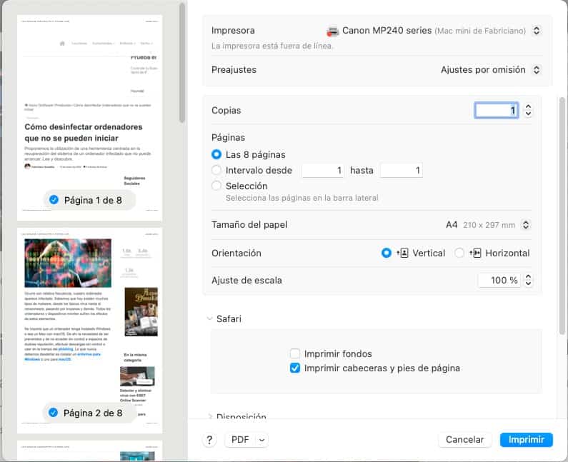 Imprimir en Safari