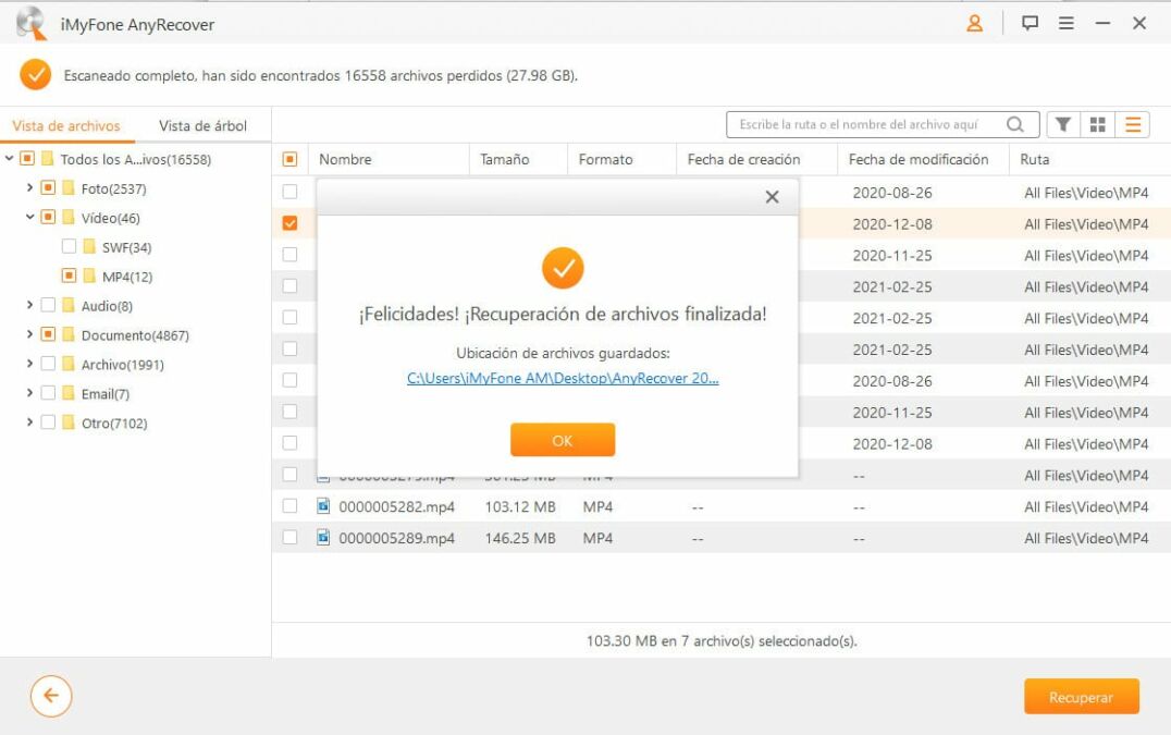 Recuperación de archivos finalizada