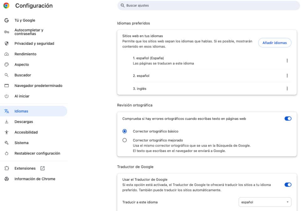 Configuración Idiomas